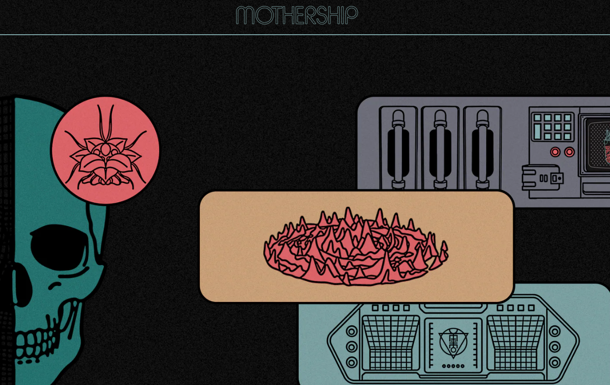 Skull, spider diagram, and control panels on dark background.