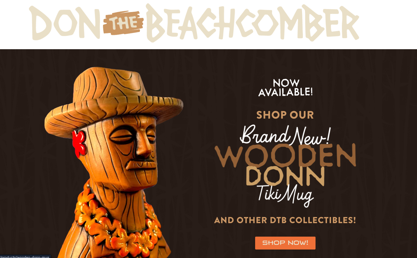 Don the Beach Comber Website showing a Wooden tiki mug with hat and flower, promotional text for collectibles.