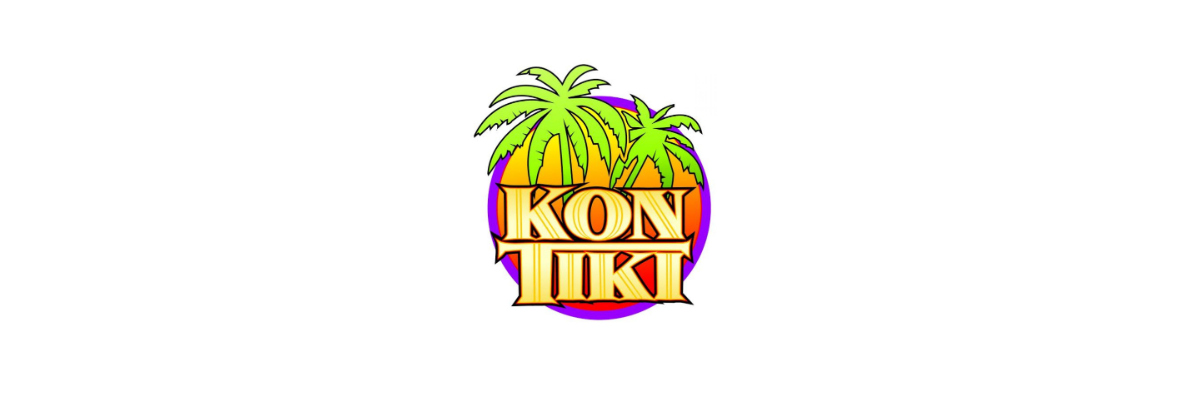 Kon Tiki logo with palm trees over vibrant circle background.