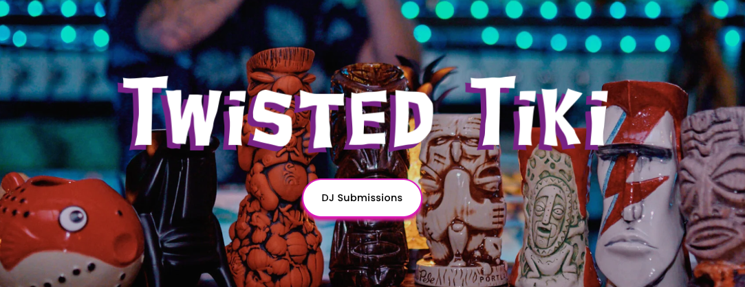 Colorful tiki mugs with neon lights in the background.