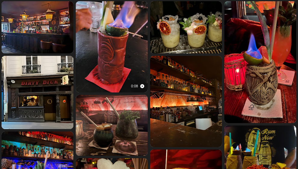 Collage of tiki bar cocktails with colorful flames and masks.