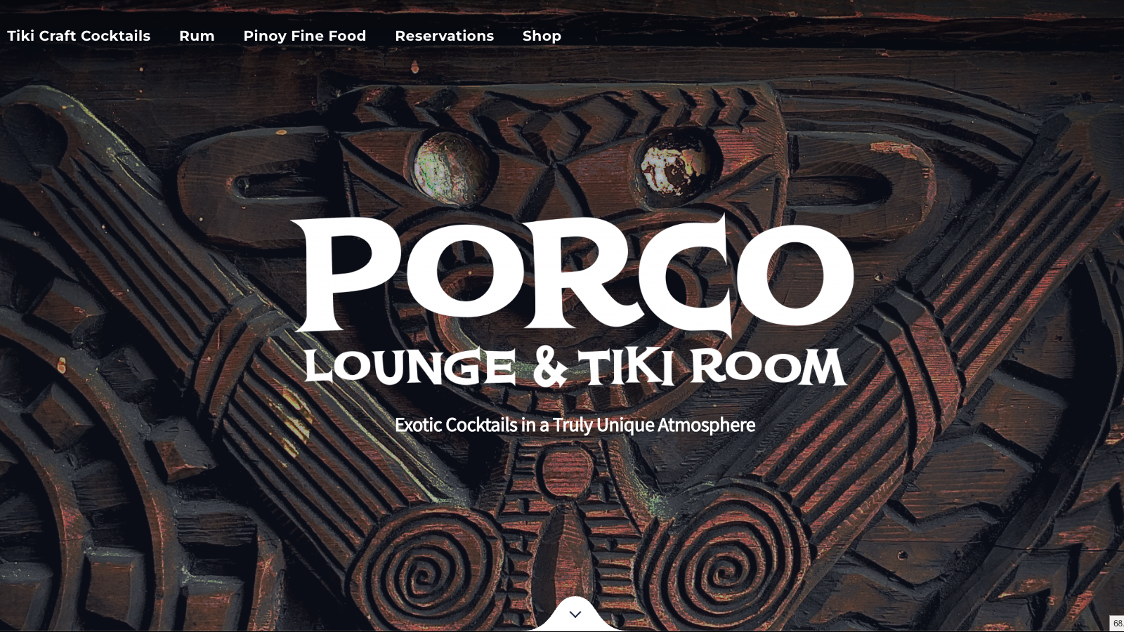 Porco sign on carved wooden tiki backdrop.
