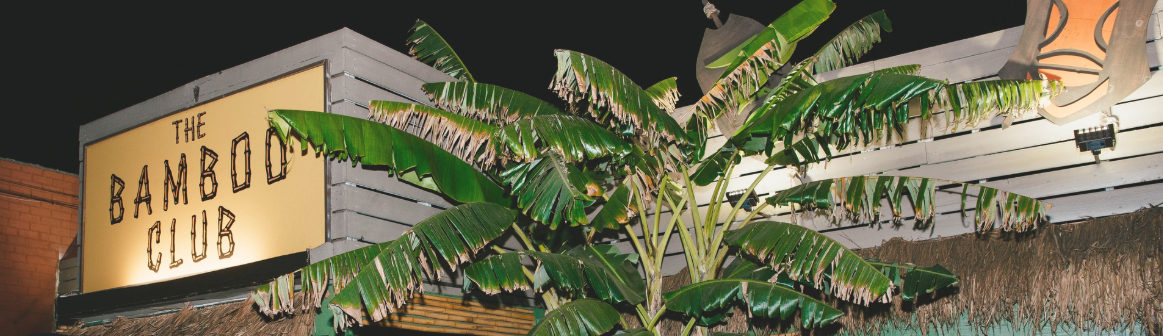 Tropical plants in front of Bamboo Club signage at night.