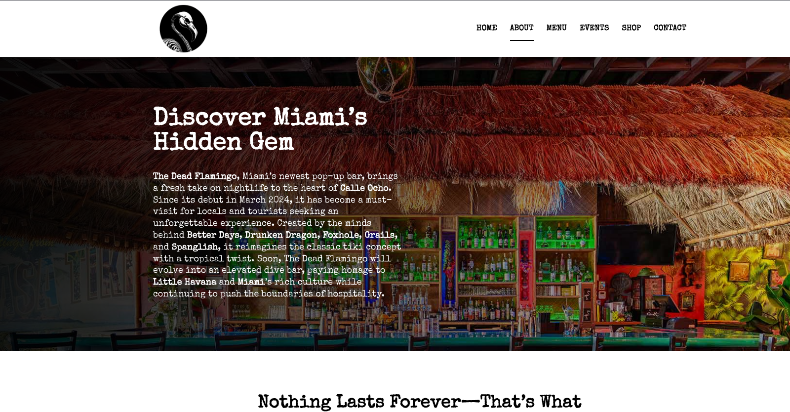 Tropical-themed bar with colorful lights and straw roof.