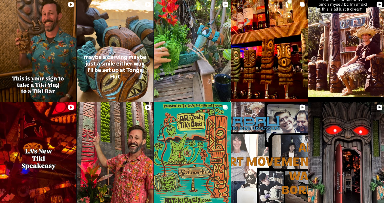 Colorful collage of tiki-themed decor and vibrant tropical outfits.