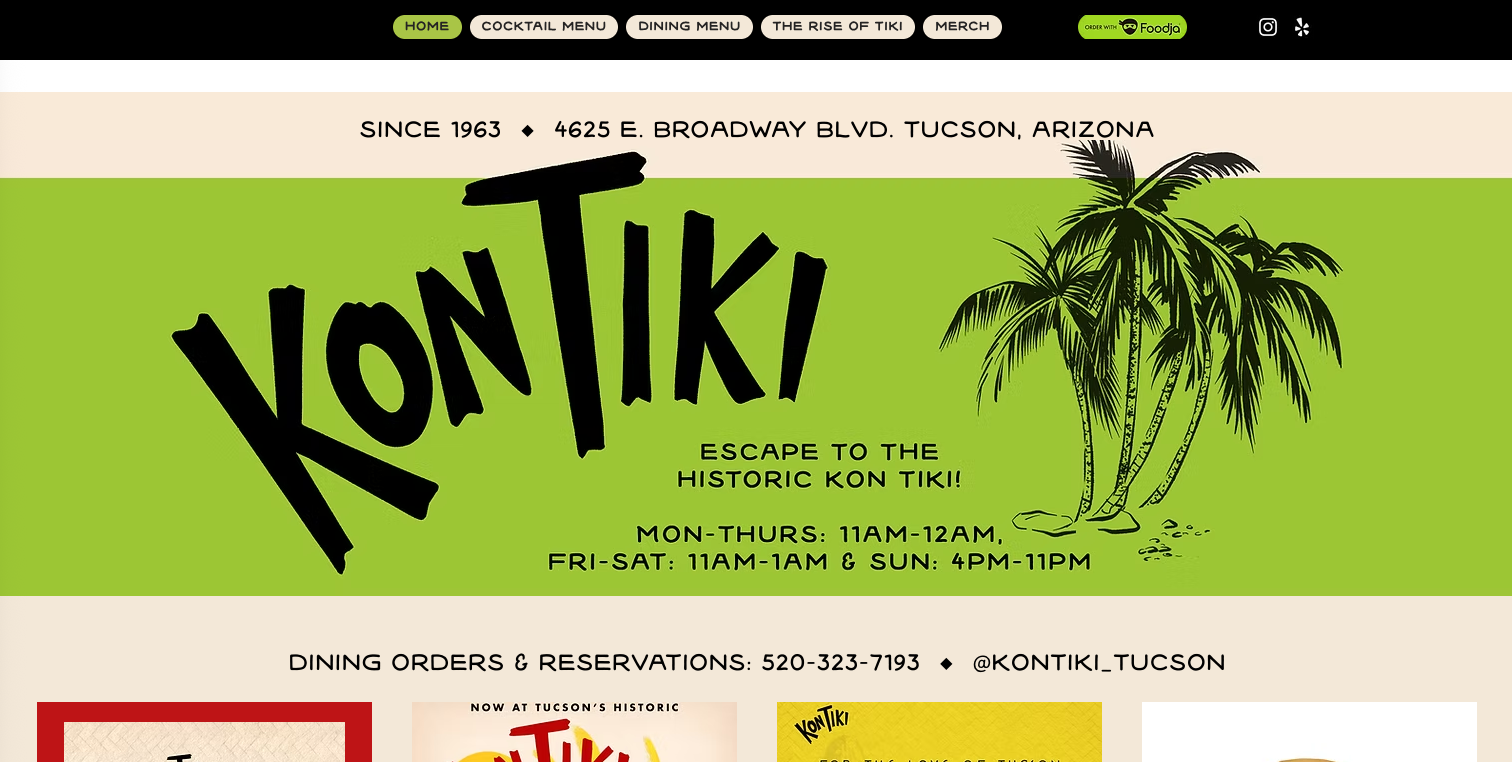 Tiki-themed restaurant website with a palm tree graphic.