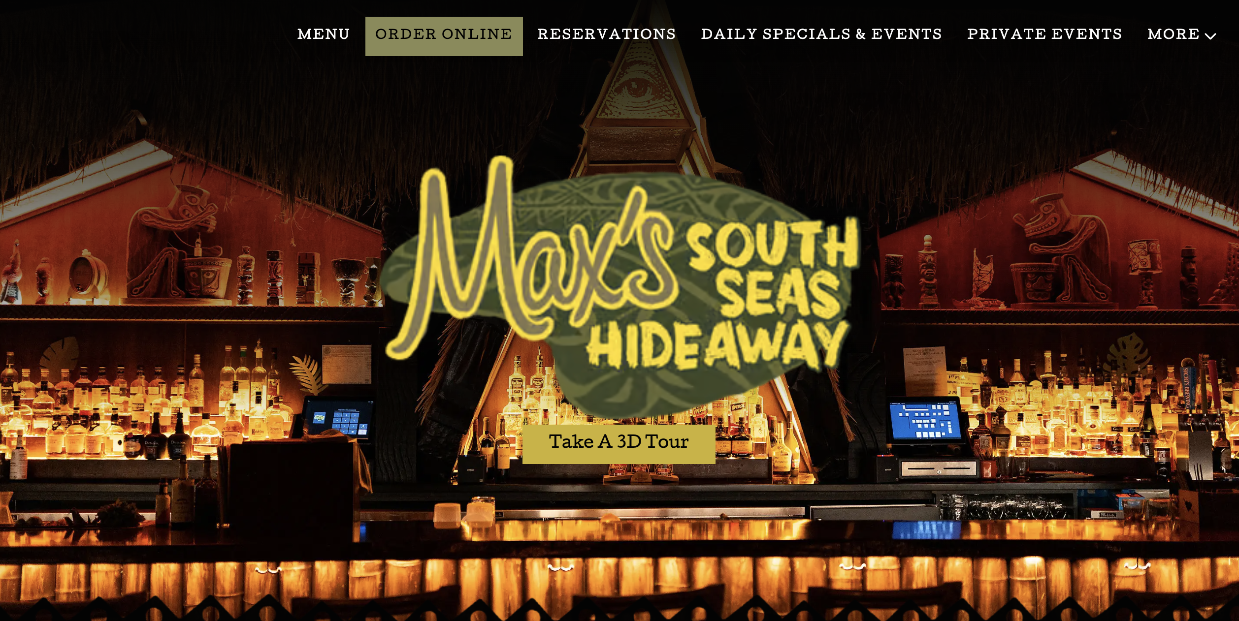Colorful tiki bar with warm lighting and decorative elements. Logo in the center.