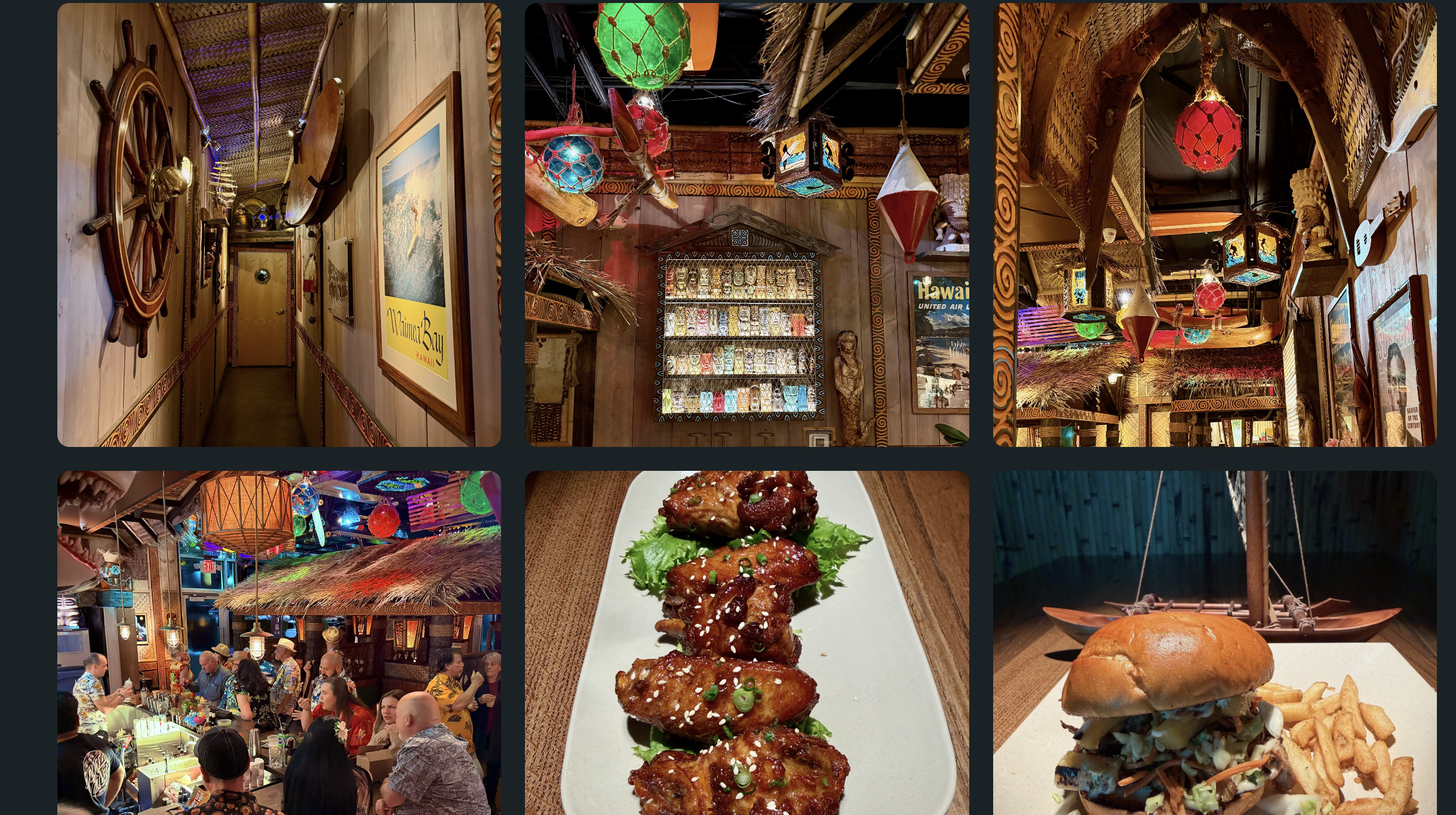 Cozy restaurant with nautical decor, colorful lanterns, and dishes like wings and a burger.