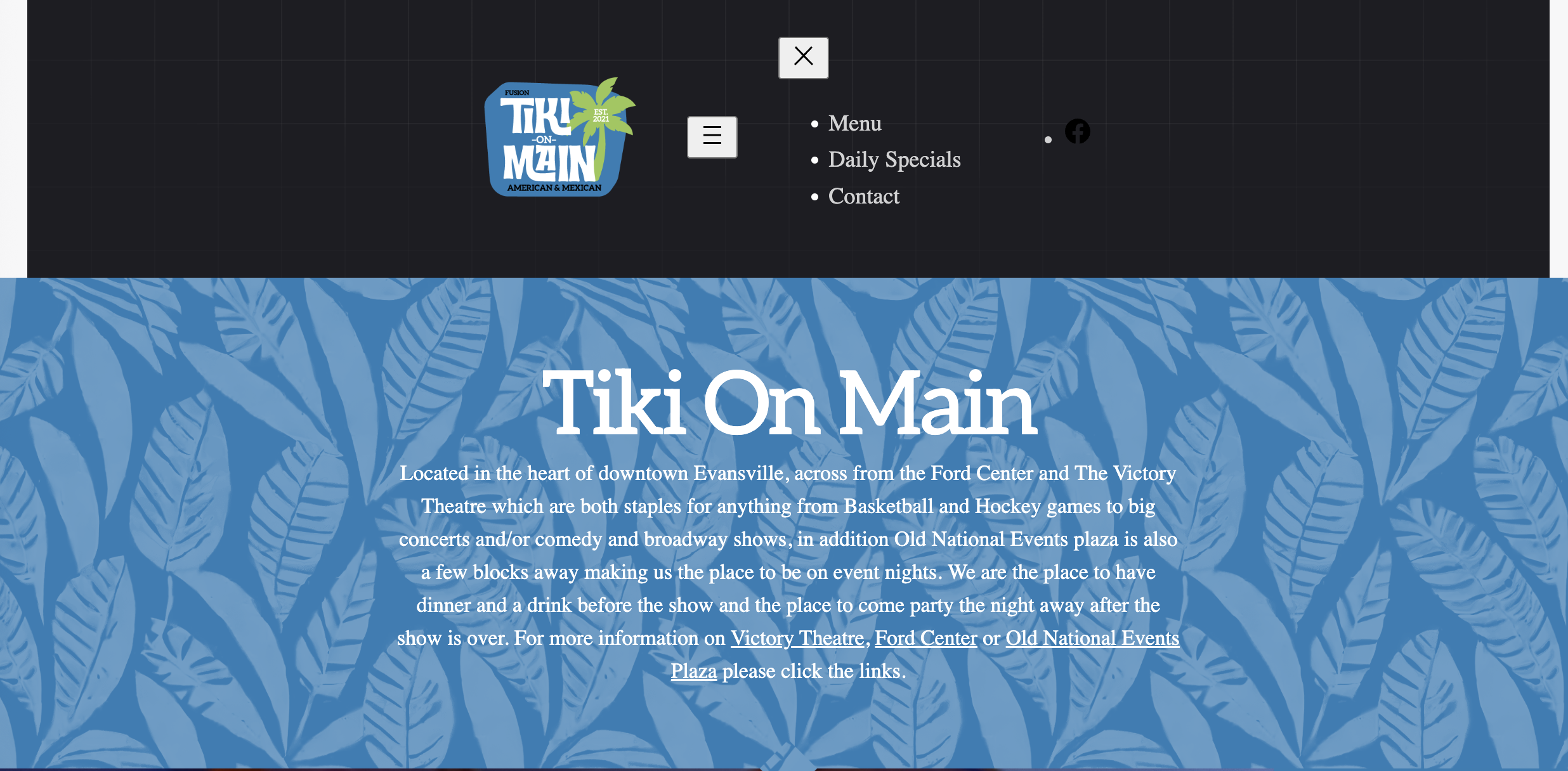 Tiki-themed logo and text on blue leaf-patterned background.