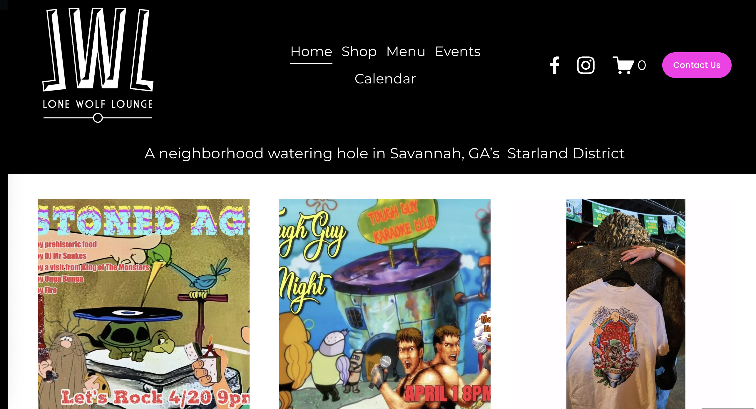 Bar website featuring colorful event posters and a person wearing a graphic t-shirt.