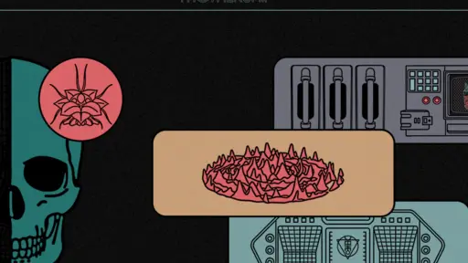 Skull, spider diagram, and control panels on dark background.