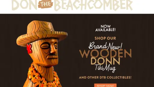 Don the Beach Comber Website showing a Wooden tiki mug with hat and flower, promotional text for collectibles.