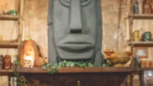 Large stone face sculpture surrounded by wooden shelves and vintage decor.
