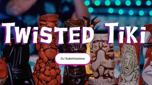 Colorful tiki mugs with neon lights in the background.