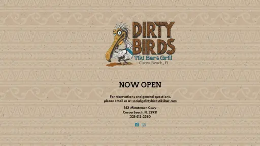 Dirty Birds logo with a cartoon bird holding a drumstick, set against a patterned background.