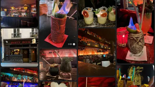 Collage of tiki bar cocktails with colorful flames and masks.