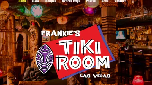 Tiki bar interior with colorful lanterns and sign for Frankie's Tiki Room, Las Vegas.