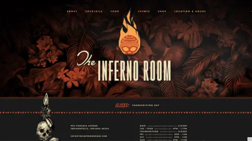 Flame logo with "The Inferno Room" text on dark floral background.
