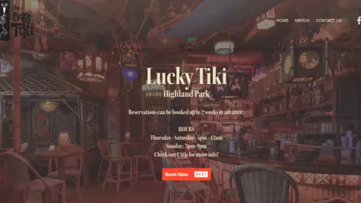 Dimly lit tiki bar with rattan chairs and tropical decorations.