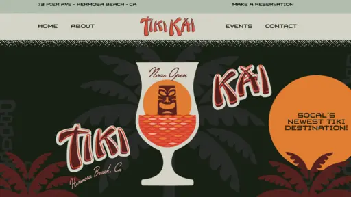 Tropical cocktail illustration with tiki face and palm leaves.