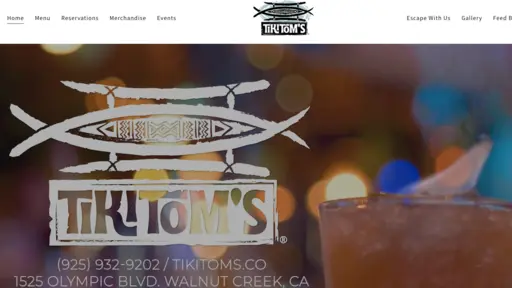 Tiki Tom's logo with blurred colorful lights in background.