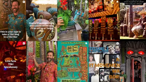 Colorful collage of tiki-themed decor and vibrant tropical outfits.