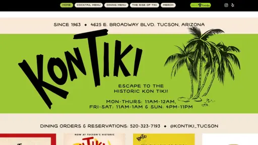Tiki-themed restaurant website with a palm tree graphic.