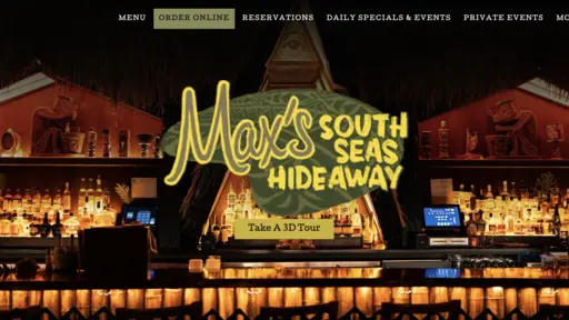 Colorful tiki bar with warm lighting and decorative elements. Logo in the center.