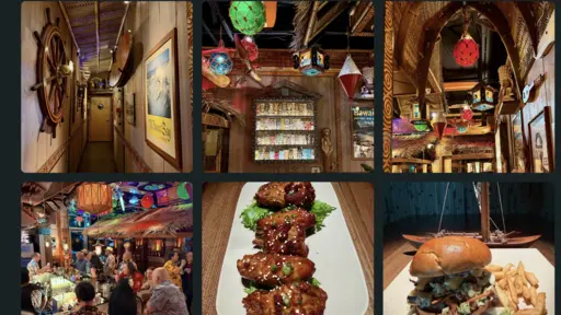 Cozy restaurant with nautical decor, colorful lanterns, and dishes like wings and a burger.