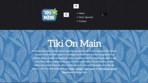 Tiki-themed logo and text on blue leaf-patterned background.