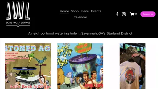 Bar website featuring colorful event posters and a person wearing a graphic t-shirt.
