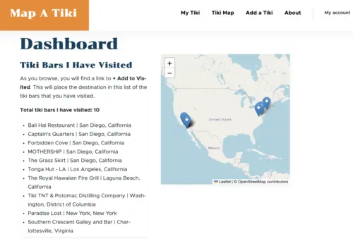 Dashboard showing a map with markers and a list of Tiki bars visited.